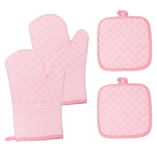 Oven Mitts and Pot Holders for Kitchen Heat Resistant - 4pcs Cotton Oven Gloves & Hot Pads with Non-Slip Silicone Grip Long Arm - Pink