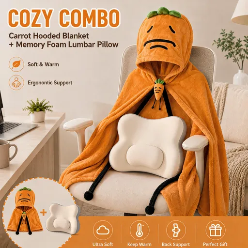 Carrot Hooded Blanket with Beige-grey Memory Foam Lumbar Support Pillow, Cozy Wearable Throw Blanket and Ergonomic Back Cushion Set for Office, Home, Study and Relaxation
