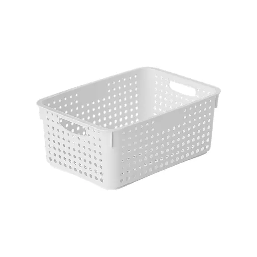 Large Plastic Storage Basket, Handled Open Crate for Snacks, Produce and Home Organization in Kitchen or Bathroom, White