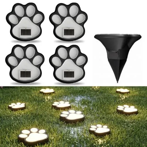 4Pack Paw Solar Lights Outdoor, Cute Dog Paw Solar Lights with 1 LED, Dual White & Warm Light IP65 Waterproof Solar Paw Print Lights for Lawn, Path, Garden Yard Decor - White
