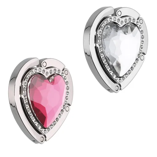 Heart Shape Folding Hanging Hook Crystal Rhinestone Handbag Hanger for Table Diamond Handbag Hook White/Silver
