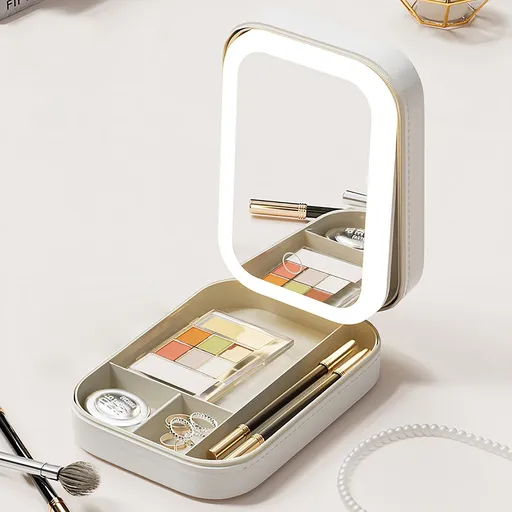 Travel Makeup Mirror with Light, Compact Makeup Bag with LED Mirror, Portable Lighted Beauty Mirror, 3-Color Lighting Makeup Case