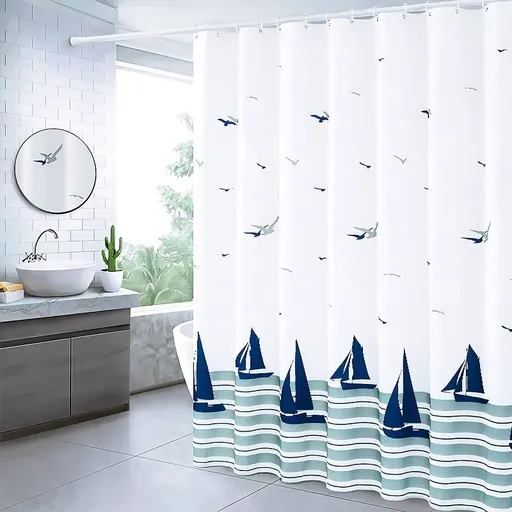 180*180cm Fabric Shower Curtain for Bathroom, Nautical Shower Curtain Coastal Shower Curtain Waterproof with Hooks, Sailboats