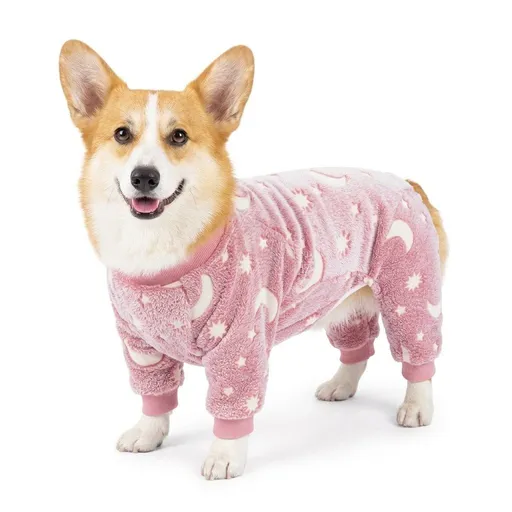 Cozy Winter Pet Fleece Four-Legged Bodysuit, Warm Flannel Full-Body Pajamas for Small to Medium Dogs, Star & Moon Print, Elastic Cuffs for Easy Wear (L, Pink)