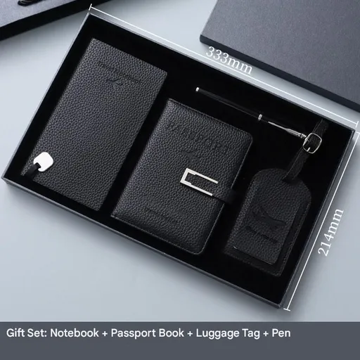 Black Travel Passport Holder and Notebook Gift Set with Luggage Tag & Metal Pen Business Travel Gift Box