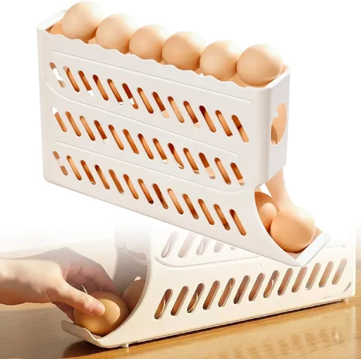 2026 Egg Holder for Fridge, Upgraded 4 Tiers Automatic Rolling Egg Dispenser, No Assembly Required Easy Access, Save Space for Refrigerator Holds up to 30 pcs (White)