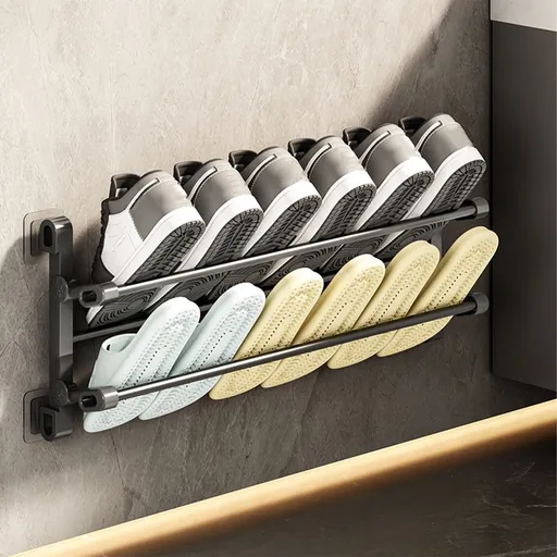 Wall Mounted Foldable Shoe Rack, Stainless Steel Slipper Holder for Bathroom Door, Space Saving No-Drilling Storage, 20x11x5 Inch