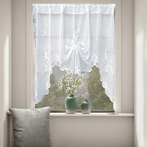 1 Panel White Floral Embroidery Sheer Lace Curtain Valance Princess Style Embroidered Waterfall Swag Curtain Valance Tier for Kitchen Bathroom Half Window Decoration, Rod Pocket Top