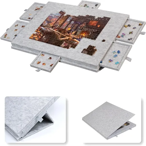 Silver Grey Foldable Anti-Slip Felt Jigsaw Puzzle Board with 6 Sorting Drawers – Lightweight 1000 Piece Puzzle Table Mat, 2-in-1 Neck-Friendly Storage Stand and Protective Cover for Unfinished Puzzle