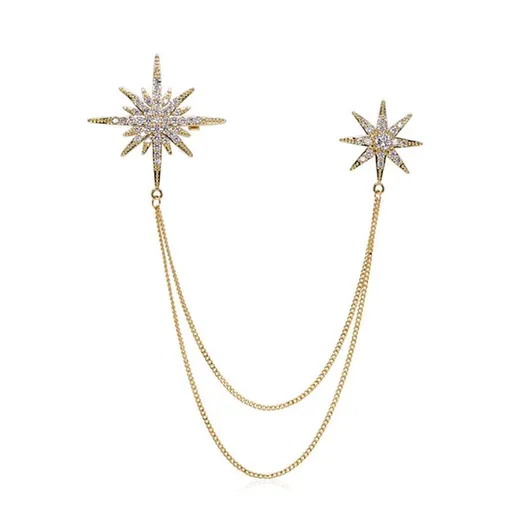 Asymmetric Star Chain Brooch - Rhinestone Double Star Pin with Layered Chains, Elegant Lapel Badge for Women Blazer Coat Dress, Gold Tone