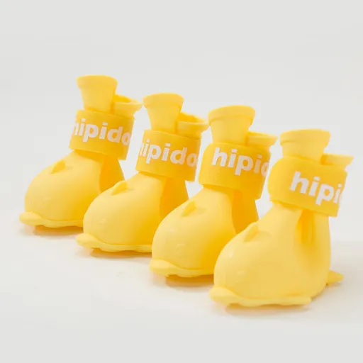 Yellow S size Waterproof Dog Rain Boots Set of 4 - Cartoon Dolphin Design Shape PVC Pet Shoes with Adjustable Hook and Loop Straps, Anti Slip Paw Protectors for Small Dogs and Puppy Outdoor Walks