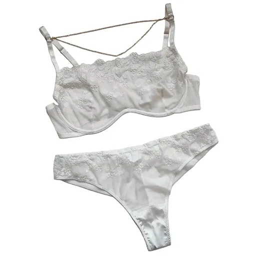 House Of Dasein Lace Thin Strapless Chain Detachable Sexy Lingerie Set Large Chest Minimizer Gathering And Lift - White - L