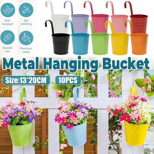 10PCS Hanging Metal Flower Bucket Durable Multicolour for Balcony Garden Decor