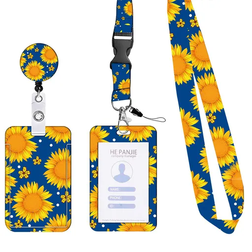 Retractable ID Badge Reel Lanyard Set Vertical Hard Plastic Card Holder Blue Yellow Floral 2 Piece