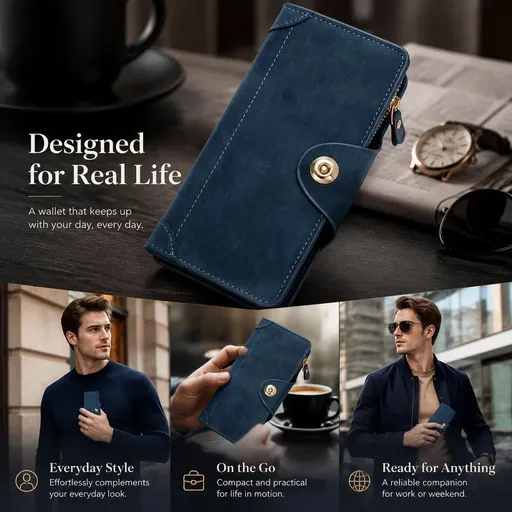 Full Tone Long Gentlemen Purse, Magnetic Snap Portable Hand Wallet With Multi Card Slots, Practical Daily Accessory Gift, Blue