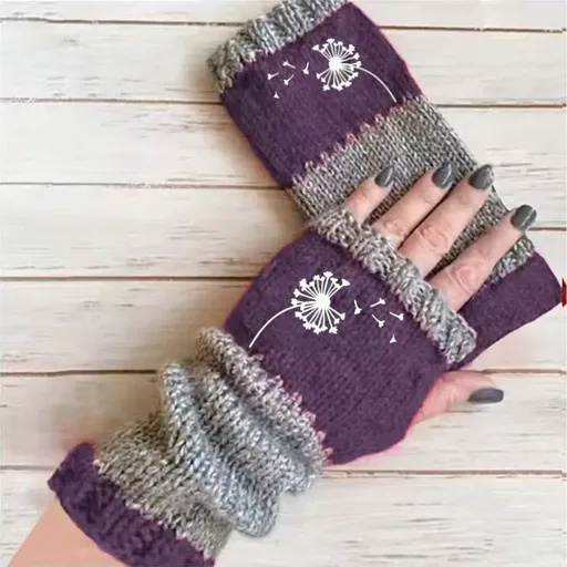 Stylish Half‑Finger Gloves Soft Spliced Knit Hand Palm Protective Gear 2 Pcs Dandelion Purple Pattern Suitable for Christmas Gifting