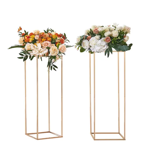 2PCS 31.5inch/80cm High Wedding Flower Stand, Metal Vase Column Geometric Centerpiece Stands, Gold Rectangular Floral Display Rack for T-Stage Events Reception, Party Decoration Home