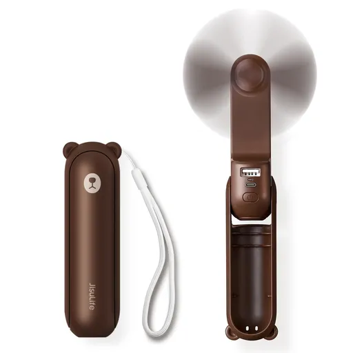 Handheld Mini Fan (Brown), 3-in-1 USB Rechargeable Portable Fan with Power Bank & Flashlight, Pocket Design for Travel & Summer