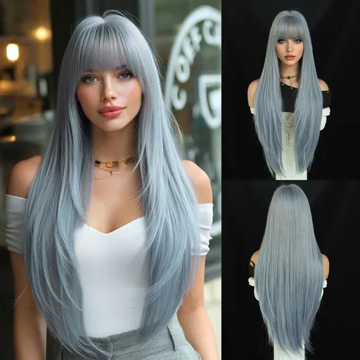 High-Density Synthetic Wig Heat-Resistant Wig Tea-Colored Wig Long Straight Wig - Glacier Blue - Size 85cm-33inch