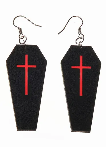 Black Leather Coffins with Red Cross Halloween Earrings