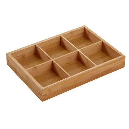 6-Compartment Bamboo Drawer Organiser, Wooden Storage Tray for Cutlery, Beads, Cosmetics, Tea Bags and Desk Supplies