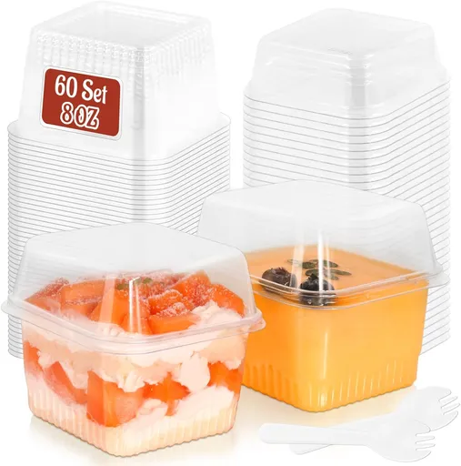 60 Pack 8 oz Plastic Dessert Cups with Lids and Sporks, Square Clear Cups Cake Containers with Lid for Tiramisu, Pudding, Fruit, Yogurt, Parfait, Ice Cream