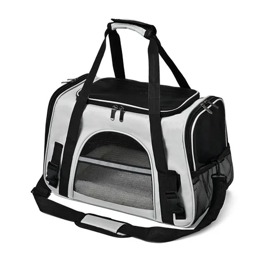 Grey with Black Foldable Pet Carrier Bag - Breathable Mesh Soft Sided Travel Carrier, Handheld and Shoulder Carry Design for Cats and Small Dogs up to Approx. 7.5 kg