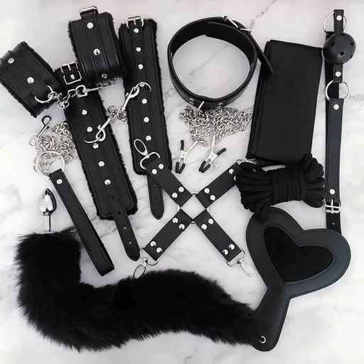 House Of Dasein Black Bdsm Kit Flogger Cuffs Collar Rope Paddle Gag Bondage Set - Black - 10Pcs