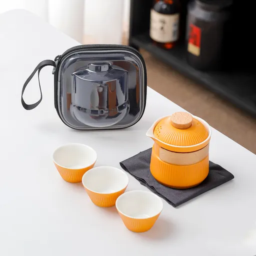 Portable Ceramic Travel Tea Set - One Pot Three Cups with Carrying Case, Elegant Frosted Finish(yellow)
