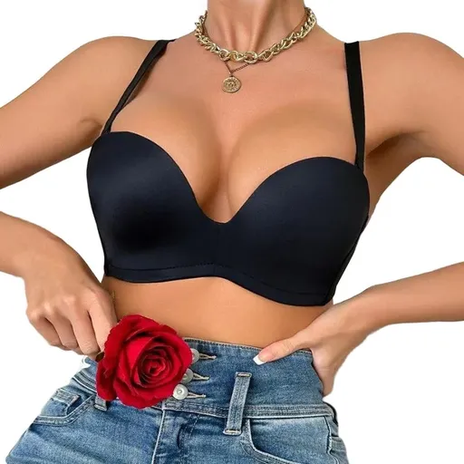 House Of Dasein Sexy Side Gathering Seamless Push-Up Shoulderless Bra For Women - Black - 80C