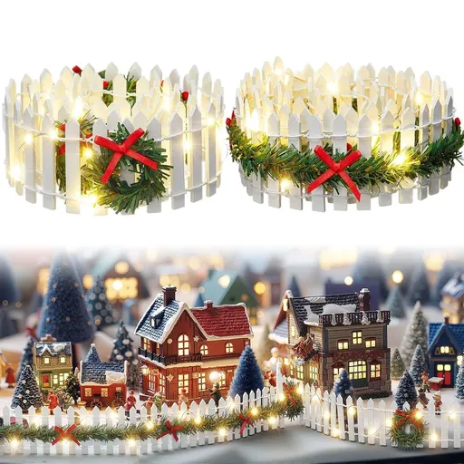 2Pcs Christmas Village Decorative Fences Garden Accessories, Christmas Decorative Picket Fence with LIght for Christmas Dollhouse Collections Snow Figurine Mini Village Landscape, Beige