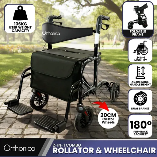 Orthonica 2in1 Foldable Rollator Wheelchair Lightweight Aluminium Walker Transit Chair with Seat & Backrest