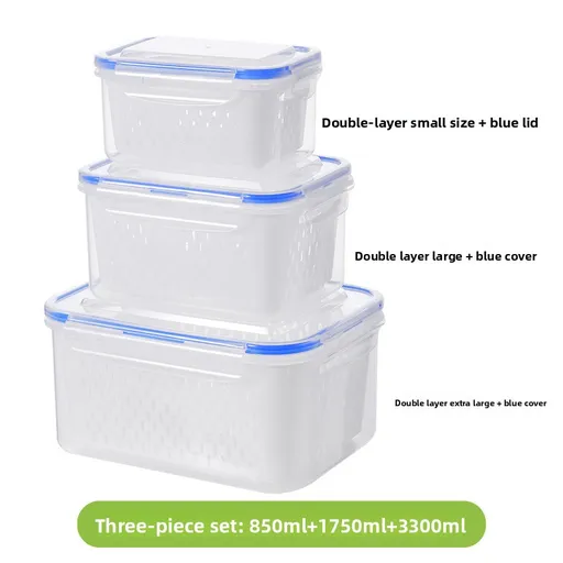 Blue 3-Piece Refrigerator Food Storage Container Set with Drain Basket and Airtight Lid 850ml 1750ml 3300ml Stackable Produce Saver for Local Homes