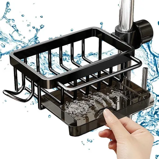 Kitchen Sink Faucet Organizer, Dish Sponge Holder, Over Faucet Caddy Organizer, Multifunction Rack with Drain Tray, Suit for 0.7-1.1inch Round Water Pipe, Installed on Left (Black)