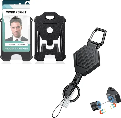 Heavy Duty Retractable Keychain with Magnetic Closure Retractable Badge Reel Vertical Hard Plastic Case Stable Card Protector Tactical ID Card Holder Magnetic Carabiner and Large Key Ring