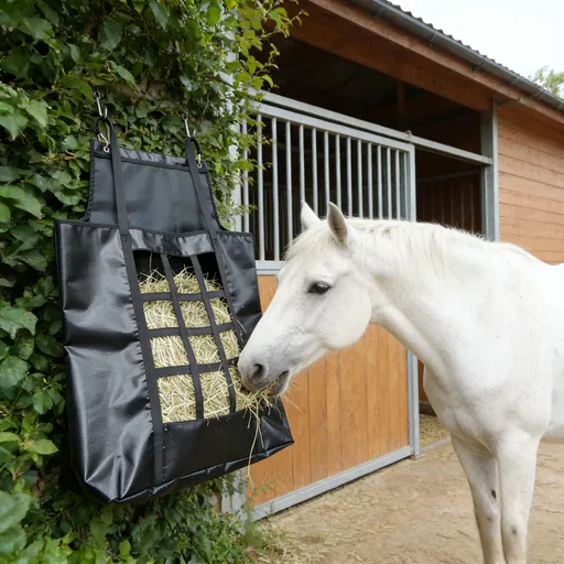 Horse Slow Feed Hay Net with Metal Rings – Durable Hay Feeder Bag for Stables, Trailers & Travel, Slow Feeding Net for Horses(Black)