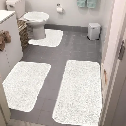 Bathroom Rugs Solid Color Bath Mats 3 Set Bath Mats for bathroom Toilet Mats Universal Soft Comfortable Water Absorption Non-Slip Thick Machine Washable Easier to Dry White 2