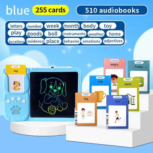 Blue (255 cards, pure English) Kids Interactive Early Education Toy: Combination Card Reader & LCD Drawing Board for Toddlers