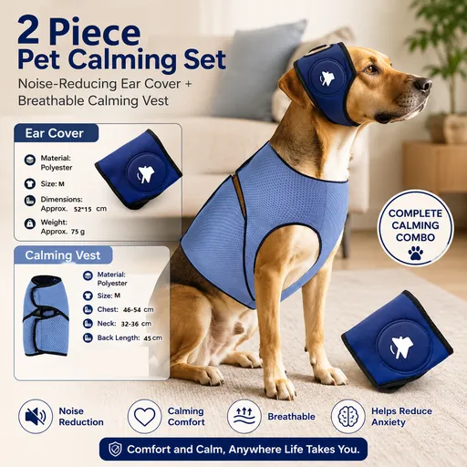 Blue M Size Dog Anxiety Relief Set - Breathable Mesh Calming Vest and Noise Reducing Earmuffs for Dogs, Thunderstorm and Fireworks Stress Support