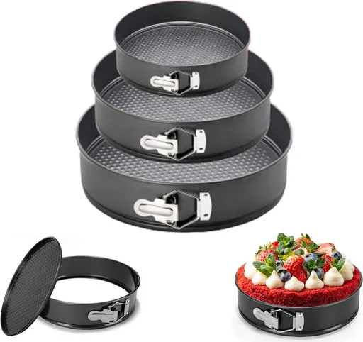 3-Piece Round Springform Set - Round Baking Tin - Cake Pan - Non-Stick Baking Pan - 20, 22 and 24cm - Removable Base - Bakes Evenly - Baking Set - Cake Pan - Dishwasher Safe - Metal - Black