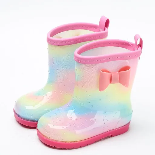 1 Pair Kids Rain Boots Four Seasons Universal Children's Rainbow Bow Non Slip Waterproof Breathable Rain Boots Pink 150mm (Inner Length 145mm)