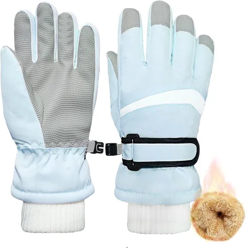 Kids Waterproof Ski Gloves, Windproof Winter Snow Gloves with Touchscreen Fingers for Girls Aged 9-10, Size L, Blue