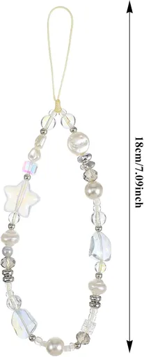 Beaded Camera Strap Wrist Cute Glass Beads Star Digital Phone Wrist Charms, Y2k Style Pearl Camera Charm Strap for Phone Case Bag Keychain Wallet(Silver-White)