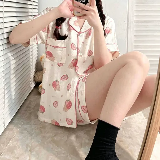 Half Strawberry Short Set Size M | Bubble Crinkle Strawberry Print Short Sleepwear | Halloween Fresh Daily Gift | Daily Casual Soft Fit Home Pajama Set