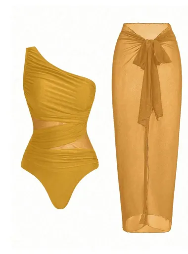 Yellow Stylish One-Shoulder One-Piece Swimsuit + Sheer Mesh Sarong Wrap Skirt Set (XL Size) - Women's Elegant Ruched Crossover Tummy Control Beachwear with Wireless Chest Padding for Beach Holiday Party