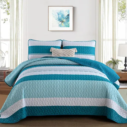 Teal Stripe Patchwork Vista Bedspread Coverlet 3 Piece Set