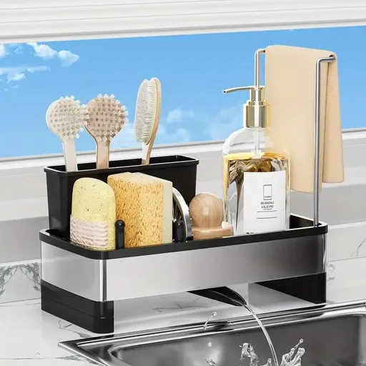 Sink Organizer 360° Rotating Drain Sponge Holder with Tray Black