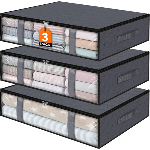 3 Pieces Foldable Under-Bed Storage Bags for Clothing, Bedding and Duvets, Large Fabric Organisers for Wardrobes and Bedrooms, Grey