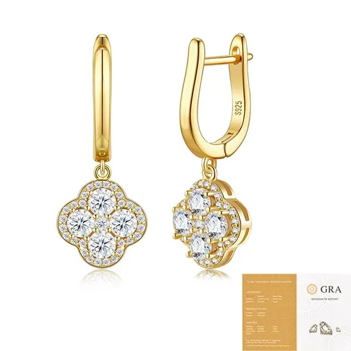 Elegant Four-Leaf Clover Moissanite Drop Earrings in Gold-Toned S925 Silver, Featuring 66 VVS1 Clarity Stones with Eight Hearts and Arrows Cut for Everyday Wear, Office Chic, and Light Social Occasions (Moissanite, Premium S925)