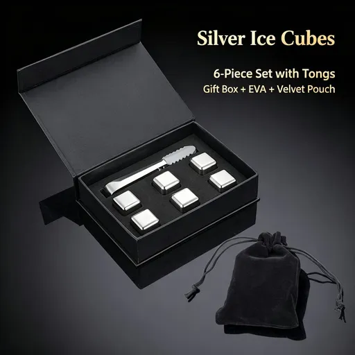 Bar Accessory Metal Ice Particle Kit | Halloween Gathering Gift | Original Color 6‑Pack With Silicone Tongs,EVA Tray,Gift Box & Velvet Pouch